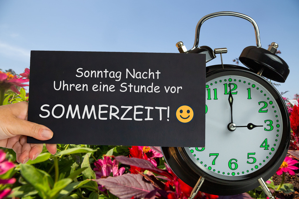 Sonntag Nacht Uhren eine Stunde vor - Sommerzeit (Symbolbild Zeitumstellung) | (Fotomontage) Zeitumstellung Sommerzeit Symbolbild: Wecker auf einer Blumenwiese und Schild mit Text SONNTAG NACHT UHREN EINE STUNDE VOR; SOMMERZEIT - Realisiert mit Pictrs.com