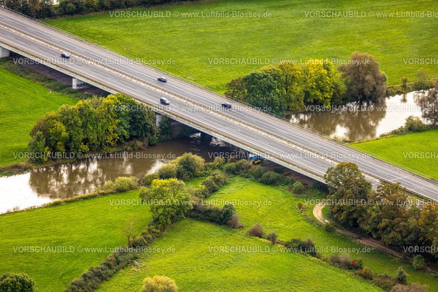 Huenxe241009756 | Luftbild, Lippebrücke der Autobahn A3 über den Fluss Lippe, Bucholtwelmen, Hünxe, Niederrhein, Nordrhein-Westfalen, Deutschland