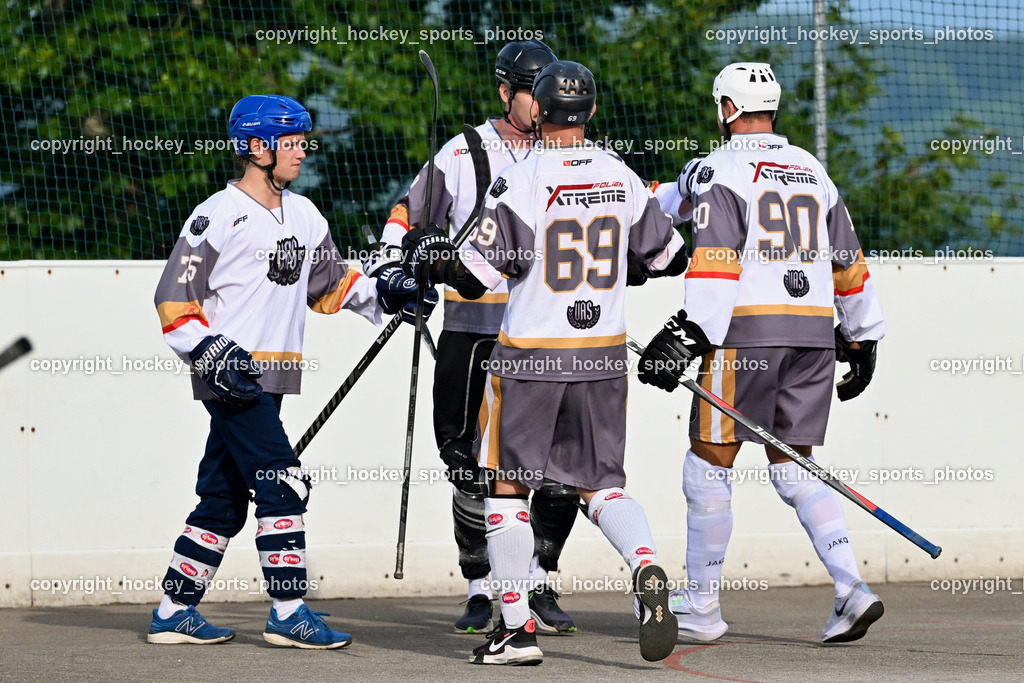 VAS Ballhockey vs. HSC Eagles Poggersdorf | Jubel VAS Ballhockey Mannschaft, #90 Edlinger Patrick, #69 Ettlmayr Timo, #75 Wohlfahrt Benedikt, #99 Alagic Adis, VAS Ballhockey vs. HSC Eagles Poggersdorf, VAS Ballhockey vs. HSC Eagles Poggersdorf am 14.07.2024 in Villach (Alpen Arena ), Austria, (Photo by Bernd Stefan)