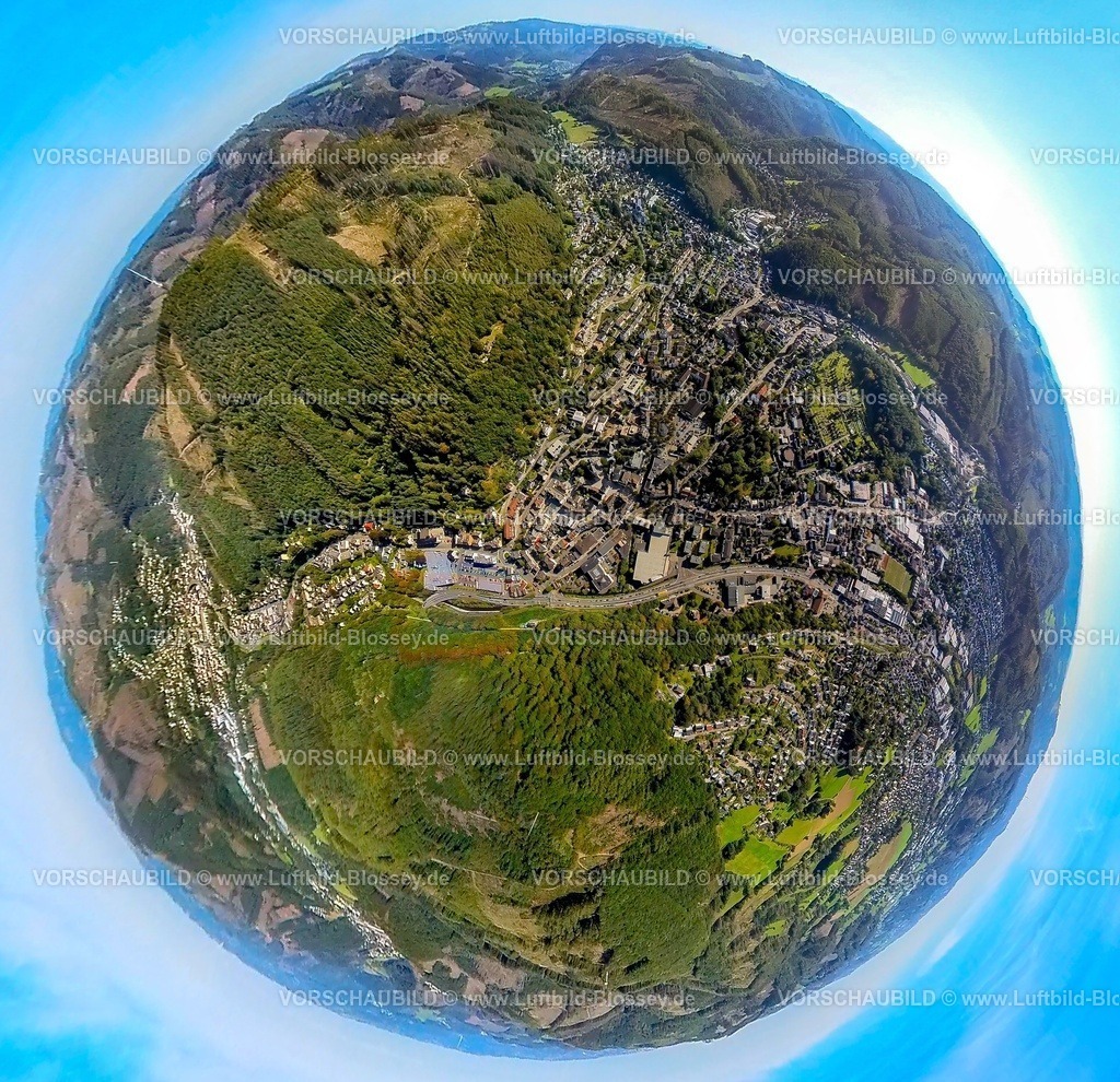 Plettenberg230990277Holthausen | Luftbild, Ortsansicht Ortsteil Holthausen, Erdkugel, Fisheye Aufnahme, Fischaugen Aufnahme, 360 Grad Aufnahme, tiny world, Plettenberg, Sauerland, Nordrhein-Westfalen, Deutschland