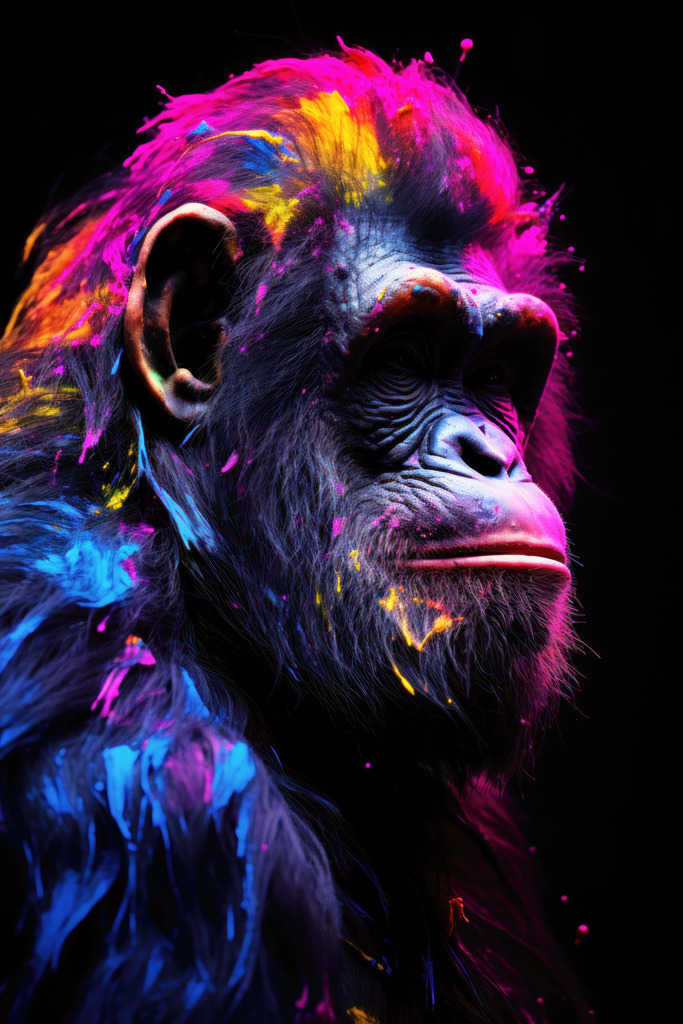2308022 - Bunter Affe | Bestellen Sie dieses digitale Motiv eines Affen mit bunten Farbspritzern unter Schwarzlicht als hochwertigen Kunstdruck auf Leinwand, Acrylglas, Alu-Dibond oder als Poster.