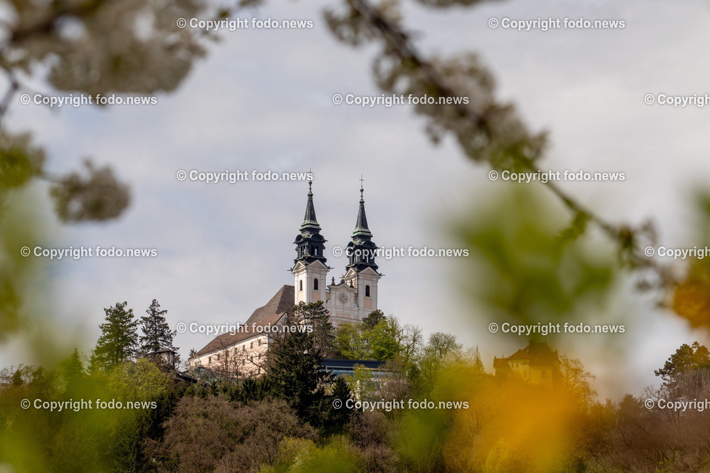 Linz_ Pöstlingberg_ 15.04.2025-5 | 15.04.2025, LINZ, AUT, Themenbild, im Bild Poestlingberg, Kirche, Berg, Fruehling, Himmel, Turm, Tuerme, Ausflugsziel, Poestlingbergkirche, Wallfahrtsbasilika, Wahrzeichen, Linz, Baeume, Pflanzen, Feature, Symbolbild