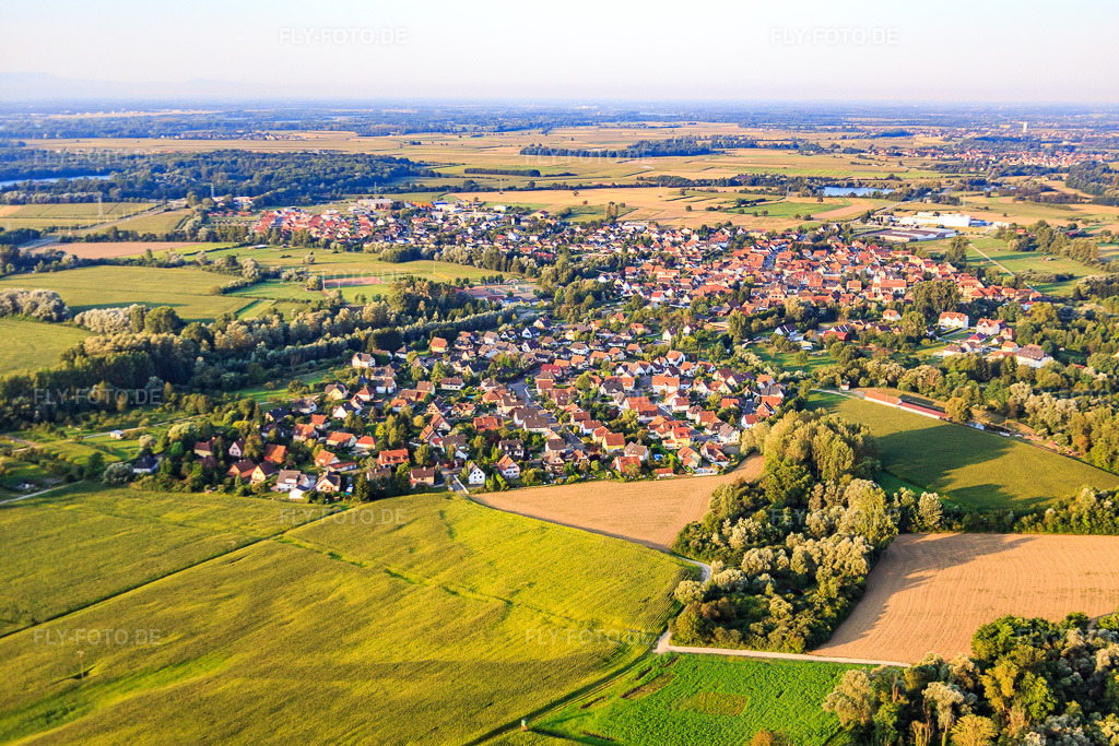 Luftbild: Ortsansicht aus Norden in Beinheim im Bundesland Bas-Rhin in Frankreich. – Foto: IMG_093080.jpg vom 16.08.2016 durch Werner Riehm/FLY-FOTO.de – Auflösung des Originals: 5472 x 3648 px