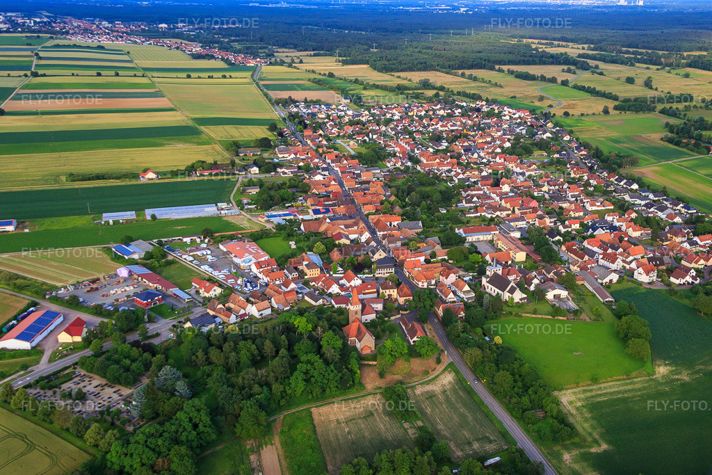 Luftbild: Protestantische und Katholische Kirche in Minfeld im Bundesland Rheinland-Pfalz in Deutschland. Foto: IMG_090261.jpg vom 26.06.2016 durch Werner Riehm/FLY-FOTO.de