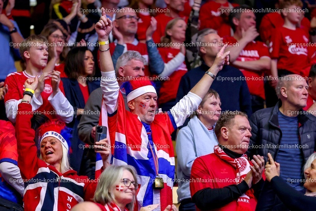 EHF22012602145 | 22.01.2026, Handball, Men's EHF EURO 2026, Spanien - Norwegen, Jyske Bank Boxen in Herning, Dänemark, Main Round: Norwegische Fans jubelnd auf der Tribüne