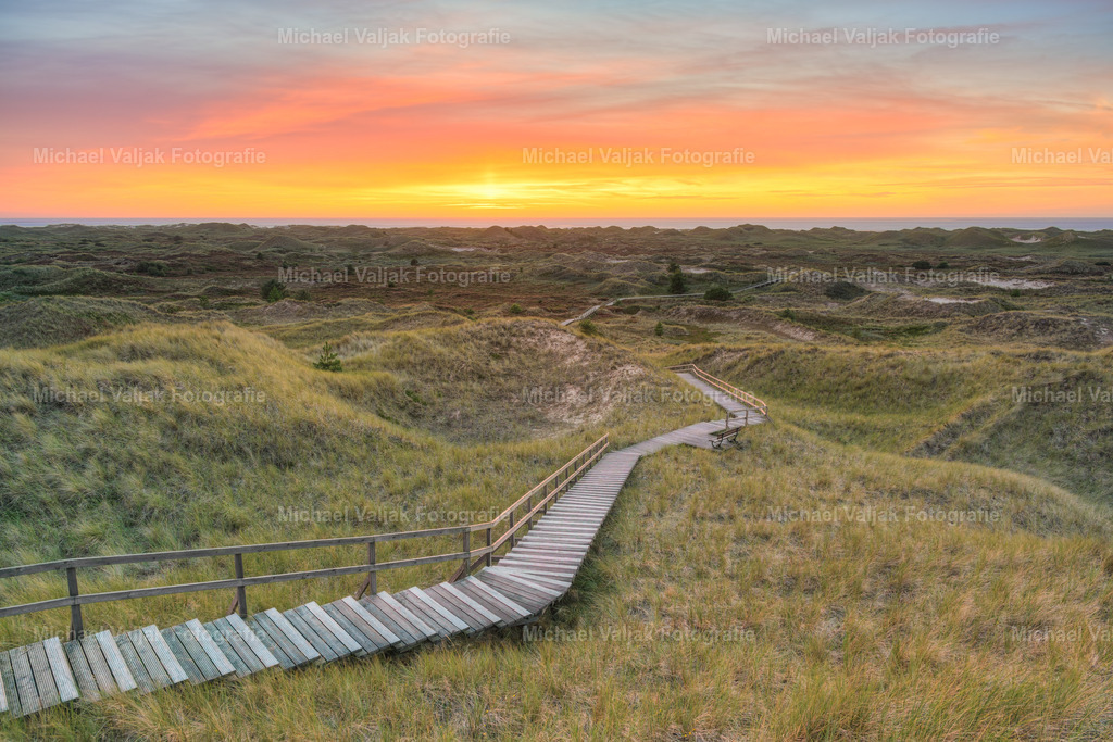 Blick von der Aussichtsdüne A Siatler in Norddorf auf Amrum | Die Aussichtsdüne "A Siatler" in Norddorf auf Amrum bietet eine atemberaubende Rundumsicht, die besonders am Abend, wenn die Sonne den Himmel in warme Farben taucht, ein unvergessliches Erlebnis ist. Von der 32 Meter hohen Düne aus kann man die Nordspitze Odde, die Westküste von Föhr, sowie den Leuchtturm bei Hörnum auf Sylt sehen. Die Düne ist über Bohlenwege zugänglich, die durch die malerischen Dünenlandschaften führen und zu einem erhöhten Aussichtspunkt leiten, von dem aus man das Panorama in voller Pracht genießen kann. - Realisiert mit Pictrs.com