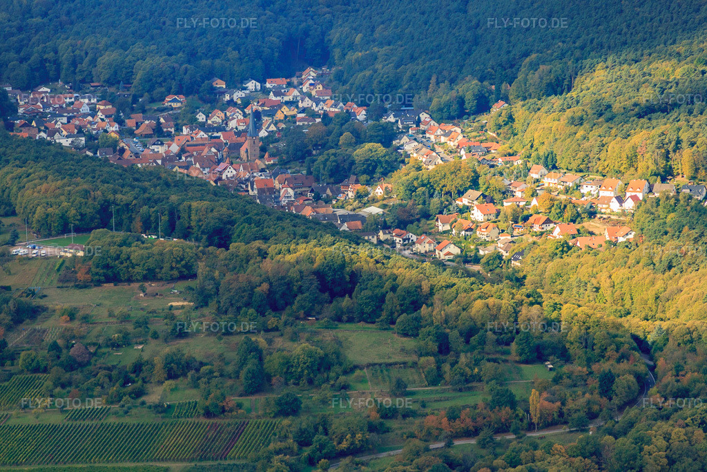 Luftbild: Ortschaft versteckt im Pfälzerwald in Dörrenbach im Bundesland Rheinland-Pfalz in Deutschland. Foto: IMG_22426.jpg vom 15.10.2009 durch Werner Riehm/FLY-FOTO.de