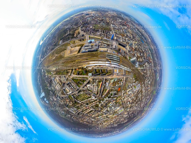 Duisburg240390024Hauptbahnhof-2 | Luftbild, City Innenstadt, Hauptbahnhof Hbf Großbaustelle mit Neubau Gleishalle und Bahnhofsvorplatz Ost, Baugebiet Alter Güterbahnhof für "Duisburger Dünen", Erdkugel, Fisheye Aufnahme, Fischaugen Aufnahme, 360 Grad Aufnahme, tiny world, little planet, fisheye Bild, Dellviertel, Duisburg, Ruhrgebiet, Nordrhein-Westfalen, Deutschland, Duisburg-fish