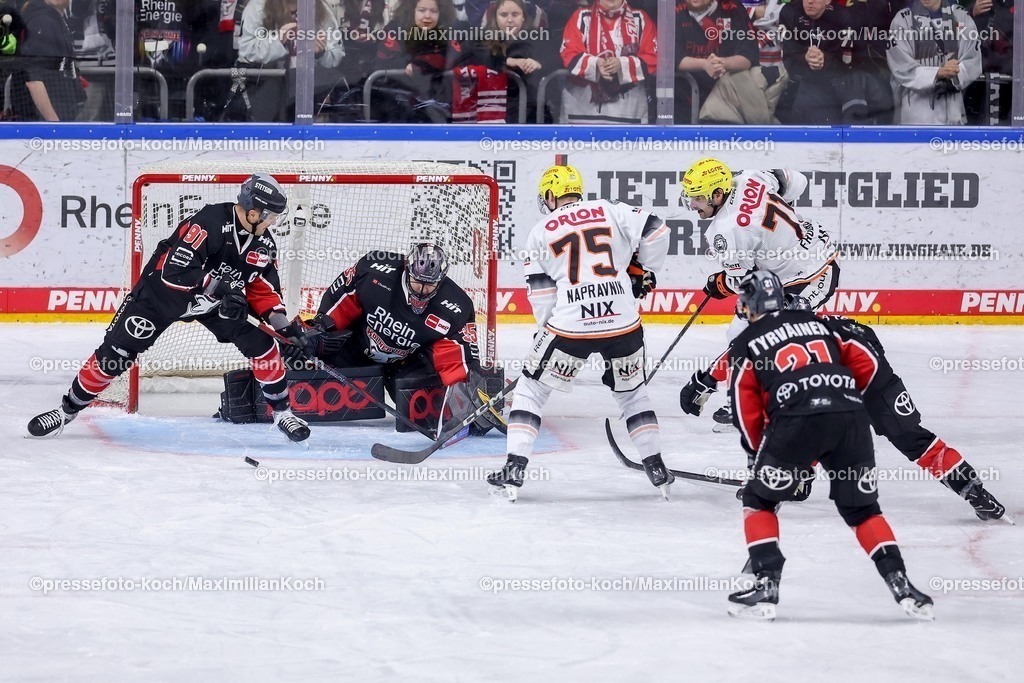 Koe30122401044 | 30.12.2024, Eishockey, Penny DEL, Kölner Haie - Löwen Frankfurt, Spieltag 32, Lanxess-Arena Köln: Moritz Müller (Kölner Haie #91) und Julius Hudacek (Kölner Haie #35) verteidigen das Tor gegen Julian Napravnik (FRA #75) und Linus Fröberg (FRA #71)