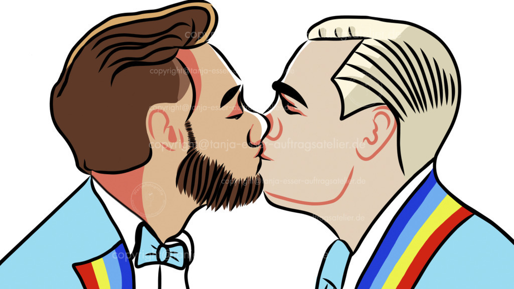 Schwules-paar-Kuss hell D | Illustration von zwei Männern, die sich küssen. Beide tragen einen Anzug. Am Revers haben sie Regenbogenfarben für die LGBT Bewegung. Illustration im Pop Art Retro Design.