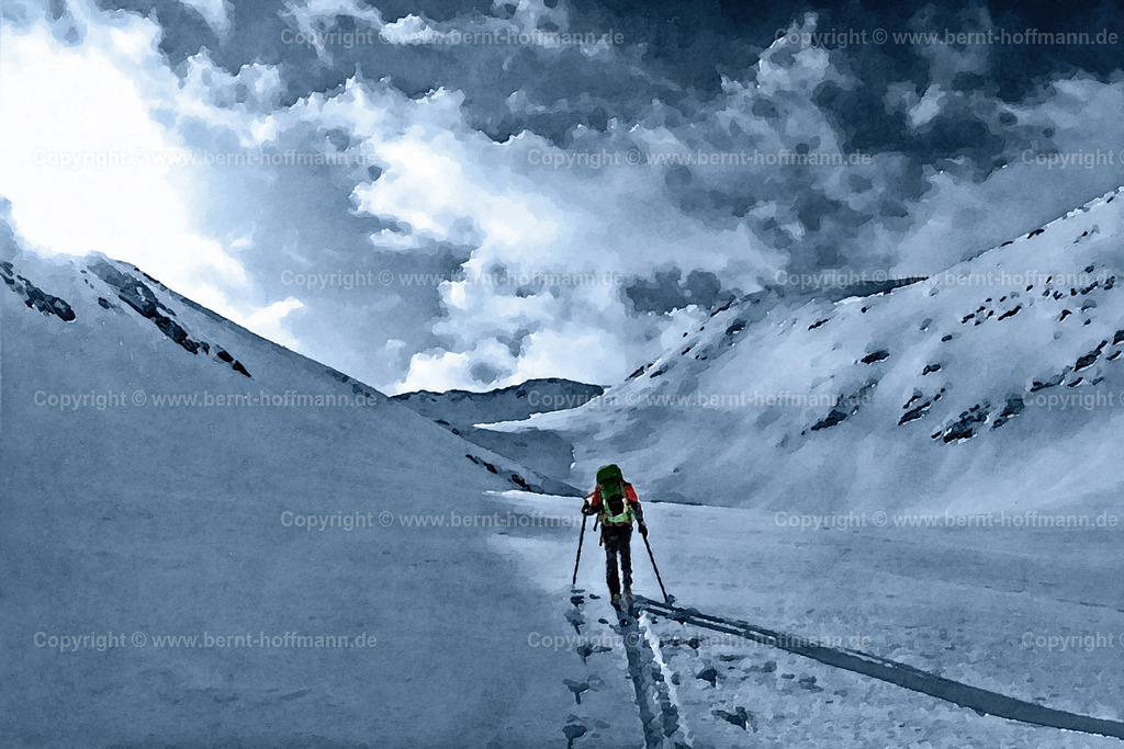 PAD2_GK_Skiwanderung_duo_150x100 | DIGITALKUNST. Einsamer Skiwanderer. __ Das Basisfoto für dieses malerisch verwandelte Werk hat der Österreicher  Hobbyfotograf Gerhard Keuschnig gemacht und es Bernt Hoffmann für dessen Kunstpart zur Verfügung gestellt. __ Farbvariation = Duoton. Seitenverhältnis = 3 zu 2. - Realisiert mit Pictrs.com