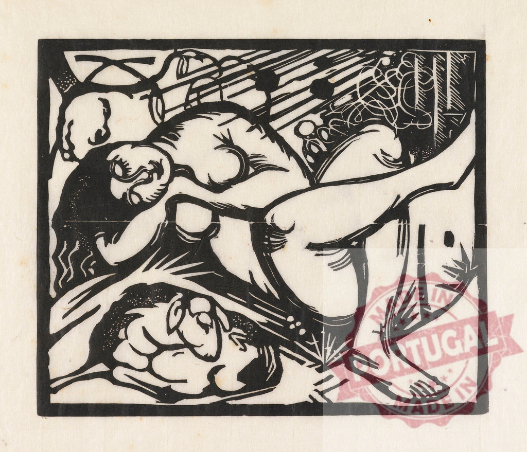 Reclining man and woman with sheep German Expressionism | Woodcut depicting a couple embracing with a resting sheep in a dramatic black and white style - Realisiert mit Pictrs.com