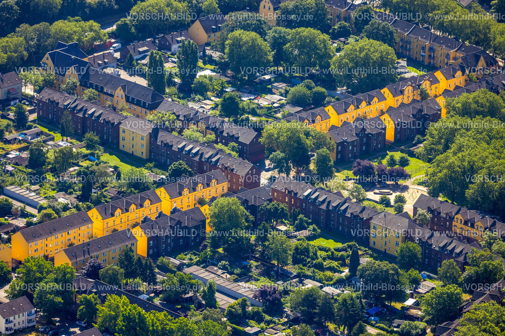 Duisburg230706797 | Luftbild, Wohnsiedlung Reihenäuser mit bunten gelben Hausfassaden, Steigerstraße mit Glückaufstraße und Stollenstraße, Alt-Hamborn, Duisburg, Ruhrgebiet, Nordrhein-Westfalen, Deutschland