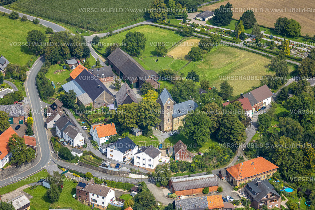 Froendenberg230901644 | Luftbild, Ortsansicht Ortsteil Bausenhagen, evang. Dorfkirche, Bausenhagen, Fröndenberg, Ruhrgebiet, Nordrhein-Westfalen, Deutschland