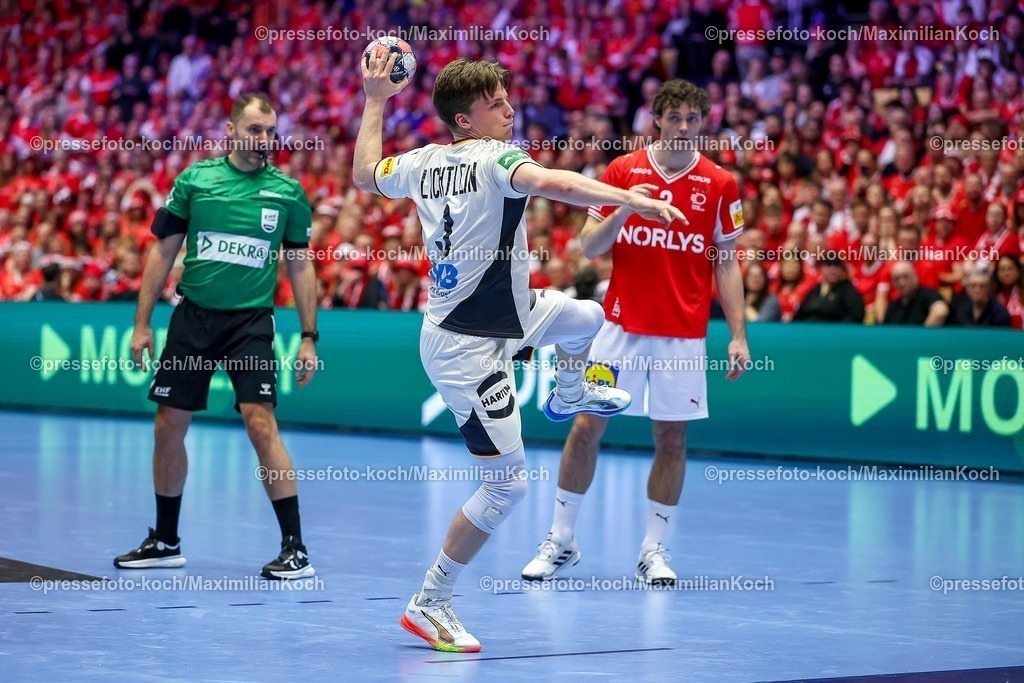EHF01022602105 | 01.02.2026, Handball, Men's EHF EURO 2026, Deutschland - Dänemark, Jyske Bank Boxen in Herning, Final:  Nils Lichtlein (Germany #03) wirft den Ball auf das Tor 