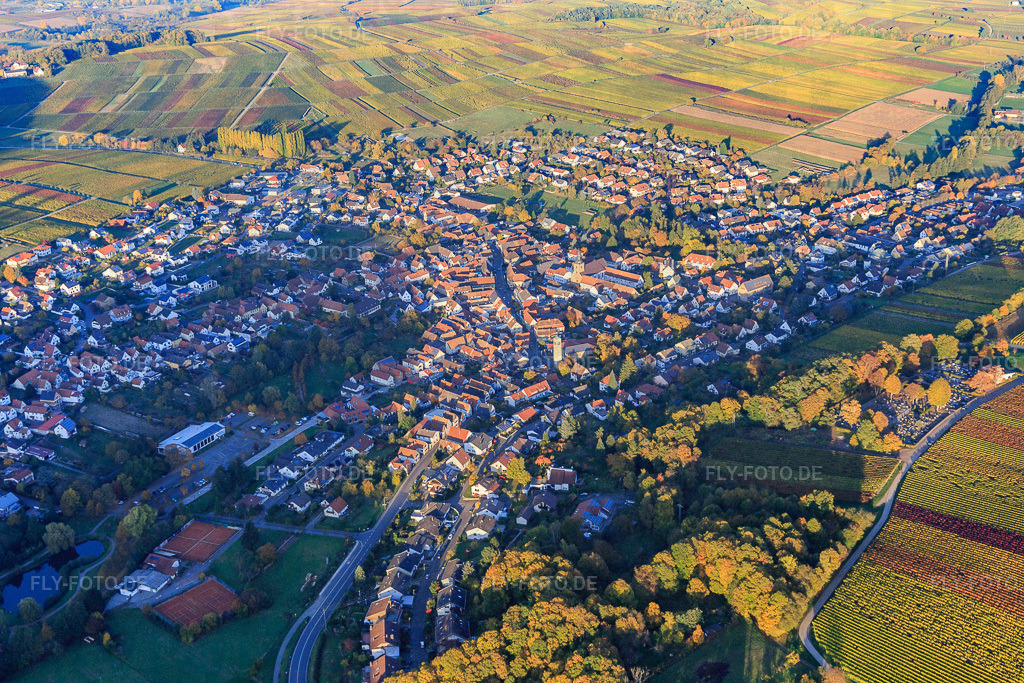 Winzerort zwischen Weinbergen im bunten Herbstlaub von Süden | Luftbild: Winzerort zwischen Weinbergen im bunten Herbstlaub von Süden in Klingenmünster im Bundesland Rheinland-Pfalz in Deutschland. Foto: IMG_095769.jpg vom 30.10.2016 durch Werner Riehm/FLY-FOTO.de - Realisiert mit Pictrs.com