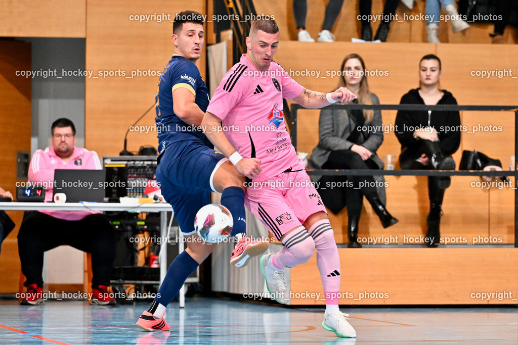 Carinthia Flamengo Futsal Club vs. Futsal Klagenfurt | #11 Saso Kovacevic Futsal Klagenfurt, #24 Zoran Vukovic Carinthia Flamengo, Carinthia Flamengo Futsal Club vs. Futsal Klagenfurt, Carinthia Flamengo Futsal Club vs. Futsal Klagenfurt am 01.12.2024 in Klagenfurt (Ballspielhalle Viktring), Austria, (Photo by Bernd Stefan)