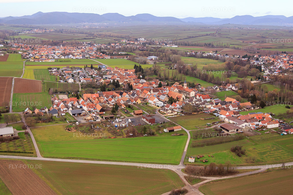 Luftbild: Ortsansicht von Südosten im Ortsteil Mühlhofen in Billigheim-Ingenheim im Bundesland Rheinland-Pfalz in Deutschland. Foto: IMG_085678.jpg vom 08.01.2016 durch Werner Riehm/FLY-FOTO.de