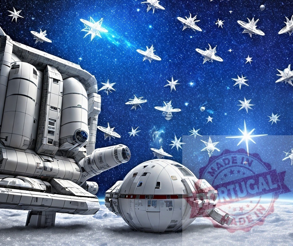 Futuristic spaceships flying through outer space | Futuristic spaceships and a space station exploring a distant galaxy filled with stars - Realisiert mit Pictrs.com