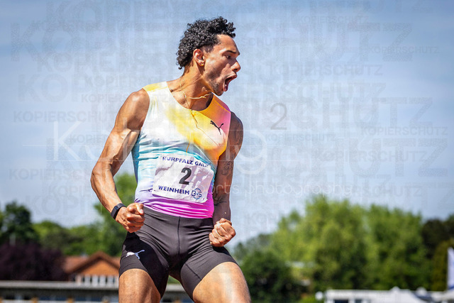 B&amp;S Kurpfalz Gala; Weinheim, 23.05.2026 | WEINHEIM, GERMANY - MAY 24: Joshua Hartmann (GER/ASV Köln e. V.) wins the final over 100m during the B&amp;S Kurpfalz Gala am 23.05.2026 at the  Sepp-Herberger-Stadium in Weinheim (Baden-Wuerttemberg / Germany).