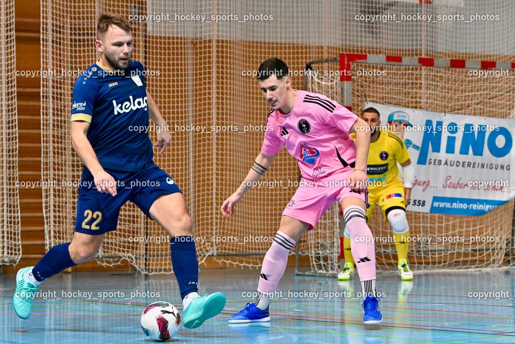 Carinthia Flamengo Futsal Club vs. Futsal Klagenfurt | #22 Mihael Grigic Futsal Klagenfurt, #70 Armin Kahvedzic Carinthia Flamengo,  Carinthia Flamengo Futsal Club vs. Futsal Klagenfurt, Carinthia Flamengo Futsal Club vs. Futsal Klagenfurt am 01.12.2024 in Klagenfurt (Ballspielhalle Viktring), Austria, (Photo by Bernd Stefan)