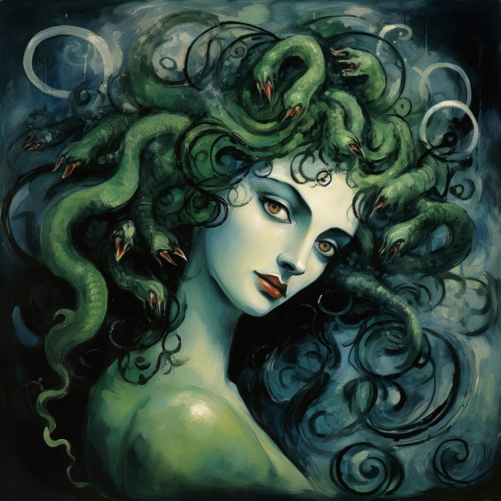 2401060 - Medusa | Moderne Wandbilder auf Leinwand, Acylglas, Alu-Dibond oder als Poster. Tauchen Sie ein in die Welt KI-generierter Kunstwerke - entdecken Sie hochwertige Kunstdrucke unserer Gemälde, Illustrationen und fotorealistischen Motive.