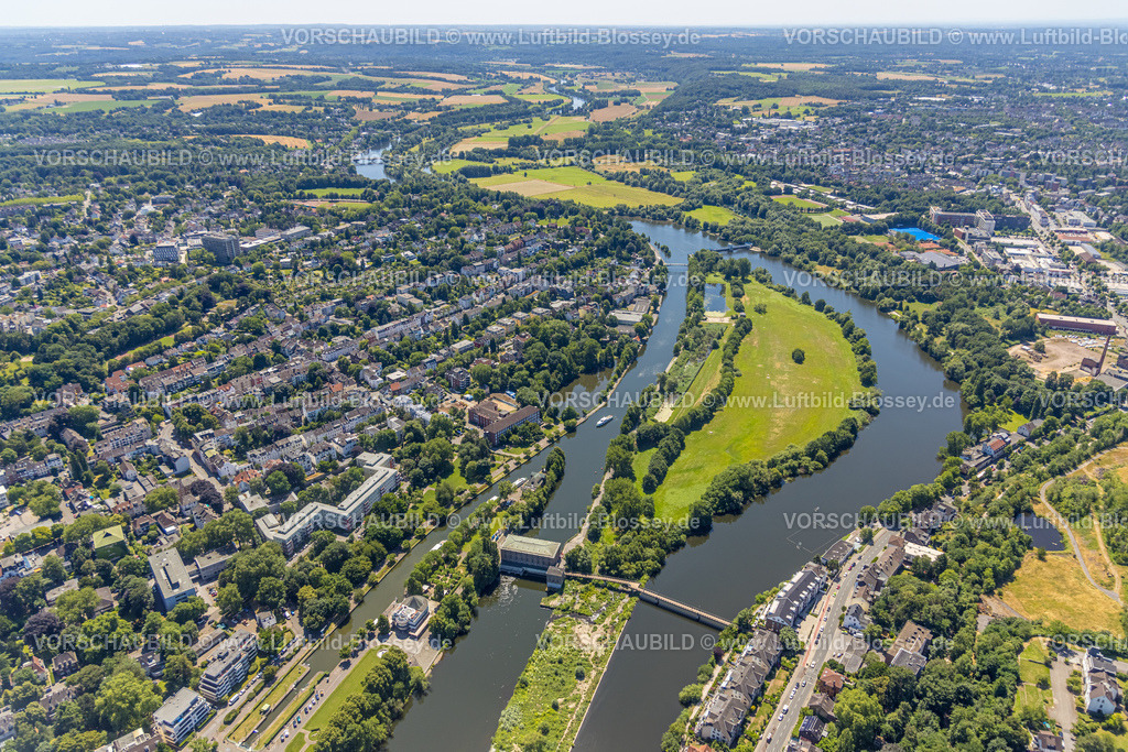 Muelheim230703830 | Luftbild, Schleuseninsel, Wasserkraftwerk Kahlenberg, Restaurant Wasserbahnhof mit Anlegestelle Weisse Flotte, Altstadt I - Südwest, Mülheim an der Ruhr, Ruhrgebiet, Nordrhein-Westfalen, Deutschland