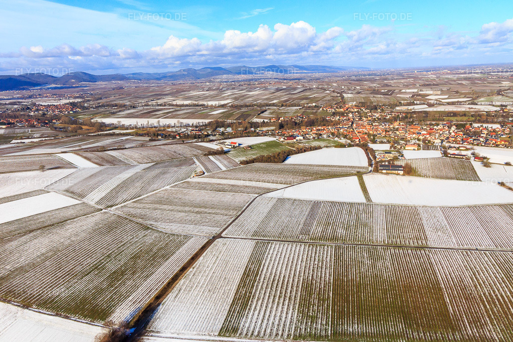 Luftbild: Ortsansicht aus Süden im Winter bei Schnee im Ortsteil Ingenheim in Billigheim-Ingenheim im Bundesland Rheinland-Pfalz in Deutschland. Foto: IMG_096161.jpg vom 15.01.2017 durch Werner Riehm/FLY-FOTO.de