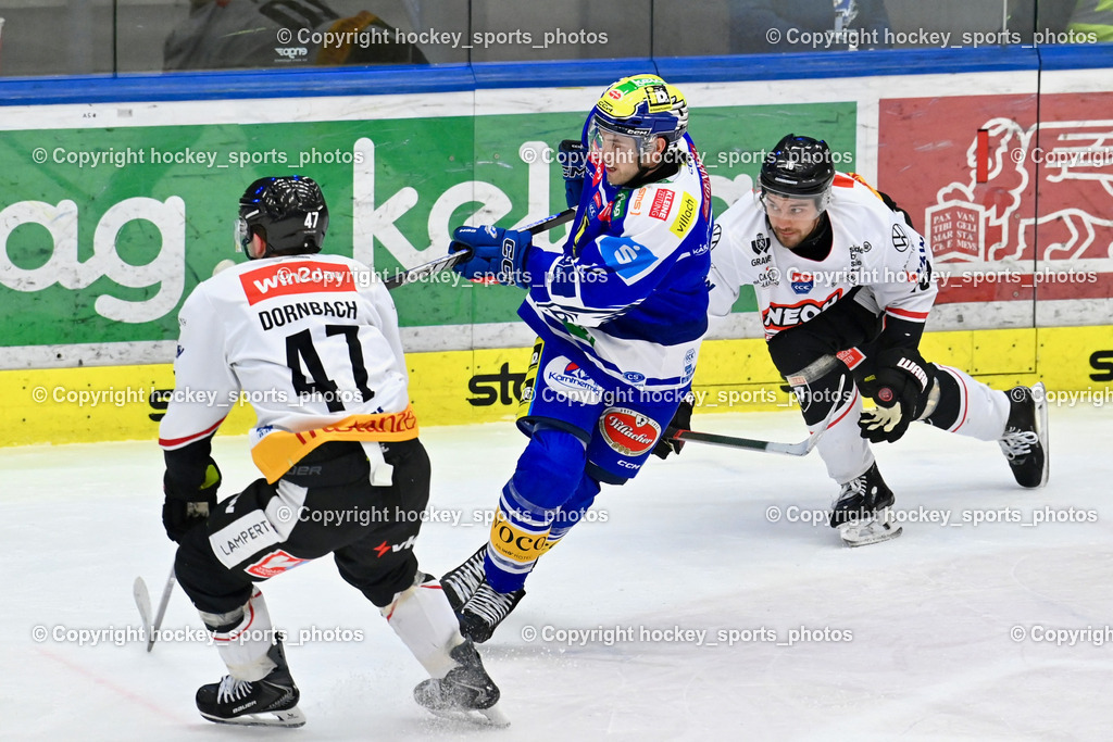 EC IDM Wärmepumpen VSV vs. Pioneers Vorarlberg | #47 Casey Dornbach Pioneers Vorarlberg, #12 Brett Budgell EC VSV, #10 Roni Allen Pioneers Vorarlberg, EC IDM Wärmepumpen VSV vs. Pioneers Vorarlberg, EC IDM Wärmepumpen VSV vs. Pioneers Vorarlberg am 22.02.2026 in Villach (Stadthalle Villach), Austria, (Photo by Bernd Stefan)
