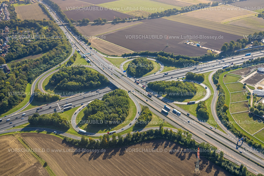 Unna220902585 | Luftbild, Autobahnkreuz Dortmund/Unna, Autobahn A1, Autobahn A44, Massen, Unna, Ruhrgebiet, Nordrhein-Westfalen, Deutschland