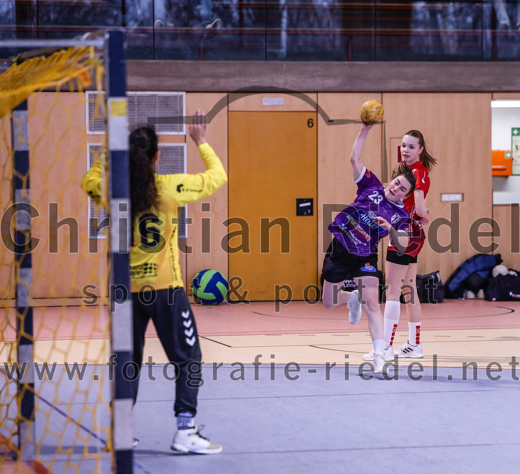 2025-02-22_062_SpVgg_Altenerding_gegen_TG_Landshut | Erding, Deutschland, 22.02.2025:Handball, Bezirksoberliga Frauen Altbayern 2024 / 2024, 15. Spieltag, SpVgg Altenerding gegen TG Landshut, Endergebnis: 25:22Torfrau Rebecca Tragl (TG Landshut, #16), Katharina Künstner (SpVgg Altenerding, #23)Foto: Christian Riedel / fotografie-riedel.net