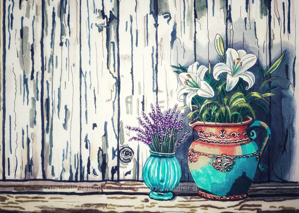 158 a Handgemalte  a Lilien und Lavendel vor Holz D | Handgemalte Illustration mit Marker Stiften auf Papier zeigt weiße Lilien und violette Lavendelblüten in türkisen Blumen Gefäßen vor einer weißen Vintage Holzwand. Copy Space.
