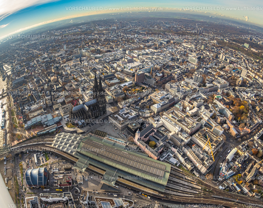 Koeln231105261 | Luftbild, City und Altstadt Übersicht mit Kölner Dom und Hauptbahnhof, Erdkugel, Fisheye Aufnahme, Fischaugen Aufnahme, 360 Grad Aufnahme, tiny world, little planet, fisheye Bild, Altstadt, Köln, Rheinland, Nordrhein-Westfalen, Deutschland