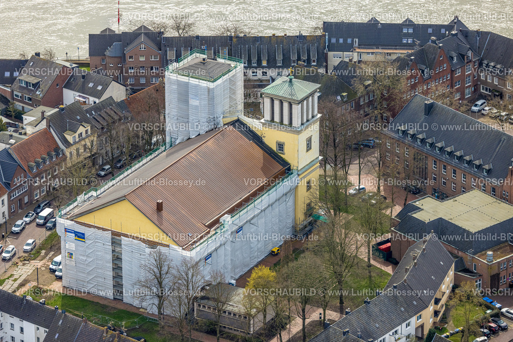 Rees230300657 | Luftbild, Sanierung der kath. Pfarrkirche St. Mariä Himmelfahrt, Rees, Niederrhein, Nordrhein-Westfalen, Deutschland