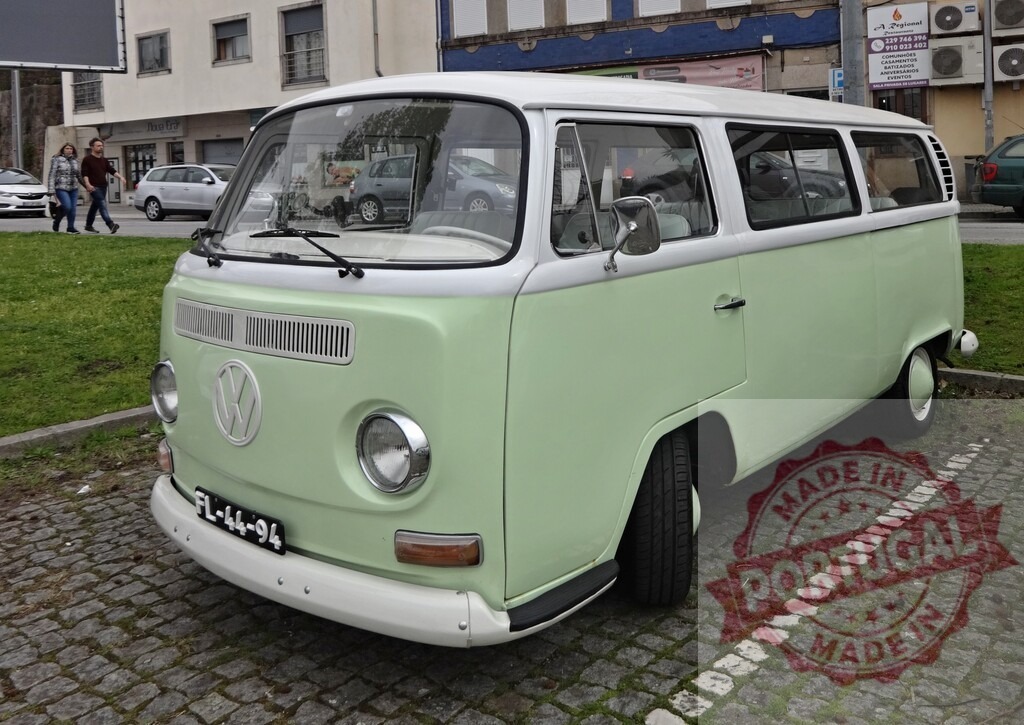 Classic Volkswagen Kombi Parked on Cobblestone Street | Light green and white Volkswagen Kombi parked on a cobblestone street, showcasing its vintage charm - Realized with Pictrs.com