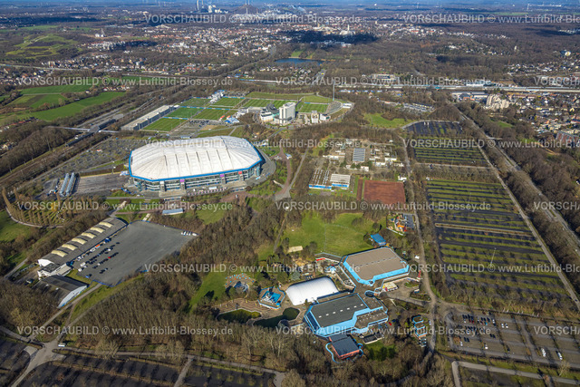Gelsenkirchen230211372 | Luftbild, Sport-Paradies Freizeitbad, Traglufthalle, neben der Veltins-Arena, Bundesligastadion des FC Schalke 04 mit geschlossenem Dach, Berger Feld,Erle, Gelsenkirchen, Ruhrgebiet, Nordrhein-Westfalen, Deutschland