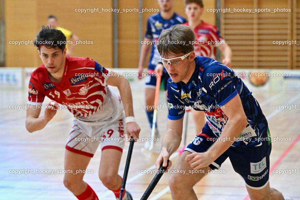 VSV Unihockey vs. KAC Floorball | #69 Nikita Münch KAC Floorball, #66 Jakob Rainer VSV Unihockey, VSV Unihockey vs. KAC Floorball, VSV Unihockey vs. KAC Floorball am 12.04.2025 in Villach (Ballspielhalle St. Martin), Austria, (Photo by Bernd Stefan)