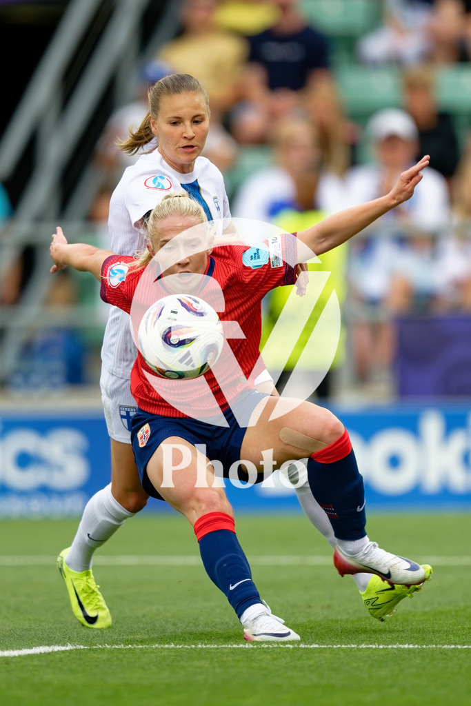 Norway v Finland - UEFA Women's EURO 2025 Group A | SION, SWITZERLAND - JULY 6: Thea Bjelde of Norway (R) and Katariina Kosola of Finland (L)   during the UEFA Womens EURO 2025 Group A match between Norway and Finland at Stade de Tourbillon on July 6, 2025 in Sion, Switzerland. (Photo by Giuseppe Velletri/Sports Press Photo/Getty Images)