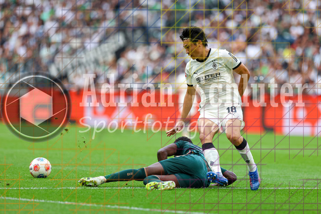 Borussia Mönchengladbach vs SV Werder Bremen - Bundesliga  | Mönchengladbach, Deutschland, 14.09.25:   Abdoul Karim Coulibaly (SV Werder Bremen) und Shuto Machino (Borussia Mönchengladbach) im Kampf um den Ball waehrend des Spiels der Bundesliga zwischen Borussia Mönchengladbach vs SV Werder Bremen im Stadion im Borussia Park(Foto von Brauer-Fotoagentur / Adrian Schlueter)