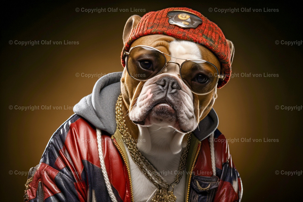 Bulldoggen als Rapper | Bulldogge mit Strickmütze