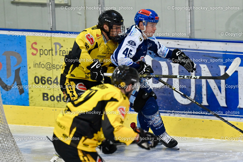 ESC Steindorf vs. EC Hornets Spittal 25.2.2024 | #96 Peharz Joshua EC Hornets Spittal, #46 Maurer Julian ESC Steindorf, ESC Steindorf vs. EC Hornets Spittal 25.2.2024, ESC Steindorf vs. EC Hornets Spittal 25.2.2024 am 25.02.2024 in Steindorf (Ossiachersee Halle), Austria, (Photo by Bernd Stefan)
