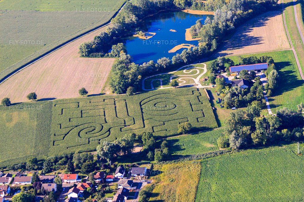 Luftbild: Seehof (Maislabyrinth) in Leimersheim im Bundesland Rheinland-Pfalz in Deutschland. Foto: IMG_51765.jpg vom 18.08.2012 durch Werner Riehm/FLY-FOTO.deWWW.MAISLABYRINTH-LEIMERSHEIM.DE