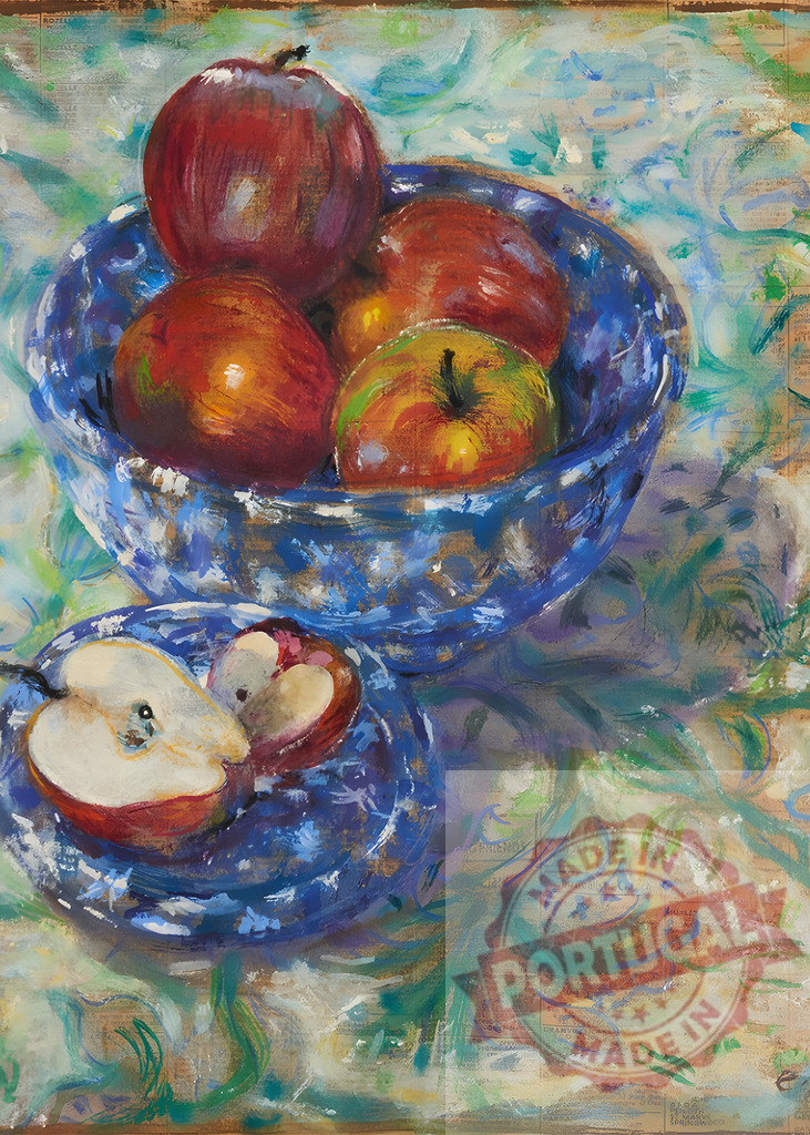 Red apples resting in blue ceramic bowl and plate, oil painting | Still life oil painting depicting red apples in a blue ceramic bowl and a sliced apple on a plate over a patterned tablecloth - Realisiert mit Pictrs.com