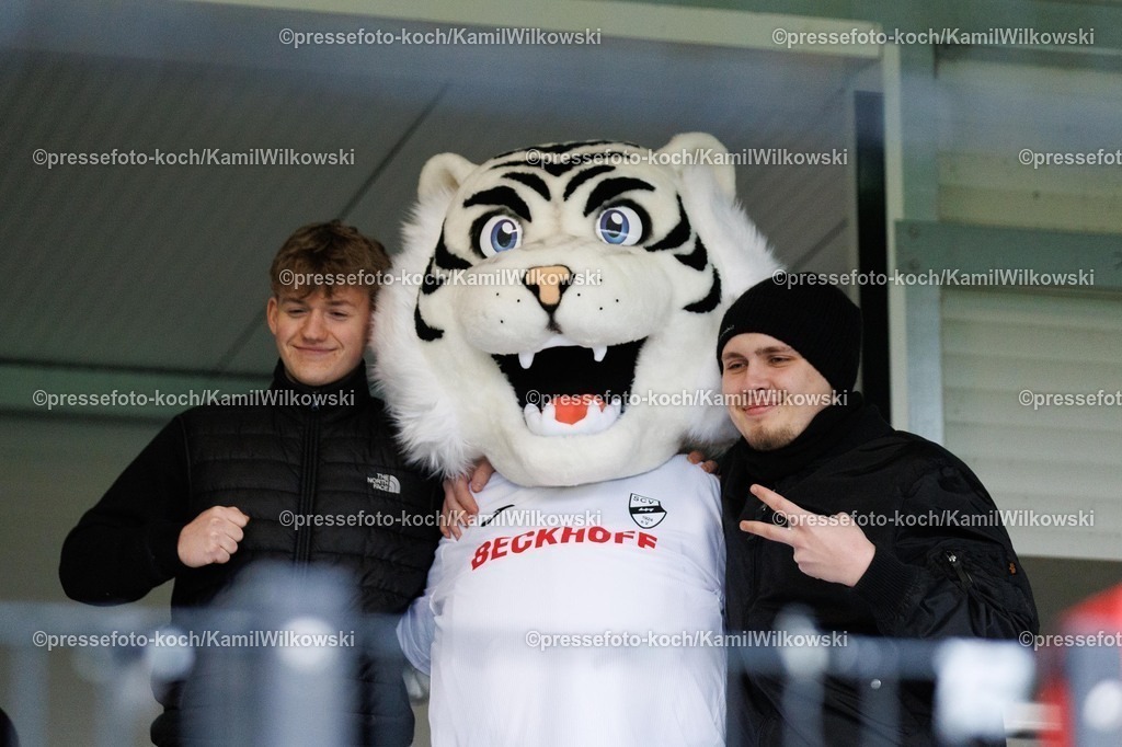xKWIx30112501002 | 30.11.2025, xkwix, Fußball, 3. Liga, SSC Verl - VfL Osnabrück, Sportclub Arena: Das SCV Maskotchen mit den ersten Fans Photo:  xKamilxWilkowskixPressefotoKochx