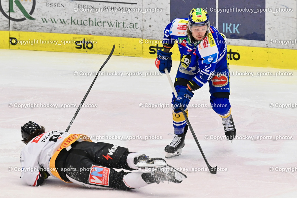 EC IDM Wärmepumpen VSV vs. Pioneers Vorarlberg | #91 Marlon Tschofen Pioneers Vorarlberg, #22 Nikita Scherbak EC VSV, EC IDM Wärmepumpen VSV vs. Pioneers Vorarlberg, EC IDM Wärmepumpen VSV vs. Pioneers Vorarlberg am 22.02.2026 in Villach (Stadthalle Villach), Austria, (Photo by Bernd Stefan)