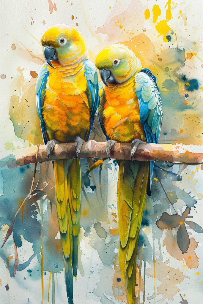 2406011 - Gelbe Papageien | Zwei gelbe Papageien im Stil eines Aquarellgemäldes