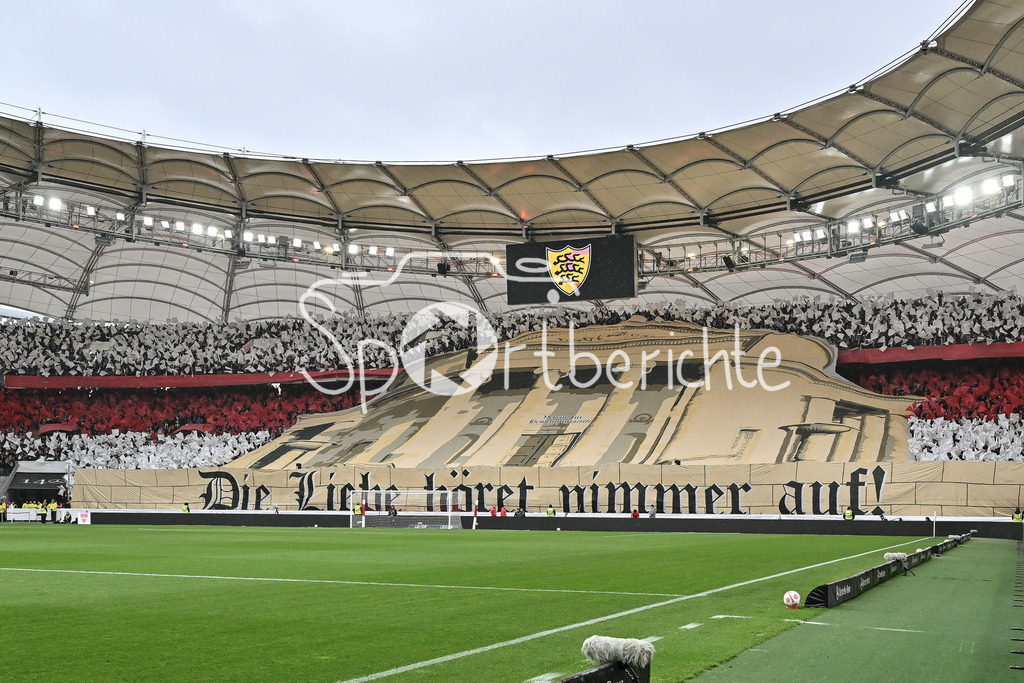 VfB Stuttgart - Hamburger SV | STUTTGART, GERMANY - 12. APRIL: the fans from Stuttgart with a Choreographie before the Bundesliga Match between VfB Stuttgart vs. Hamburger SV on Matchday 29 at MHP Arena / DFL REGULATIONS PROHIBIT ANY USE OF PHOTOGRAPHS AS IMAGE SEQUENCES AND/OR QUASI-VIDEO