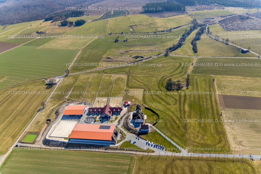 Brilon220303124 | Luftbild, Reitsportanlage Neue Herrlichkeit im Landschaftsschutzgebiet Grünlandgürtel am Südfeld in Altenbüren, Brilon, Sauerland, Nordrhein-Westfalen, Deutschland