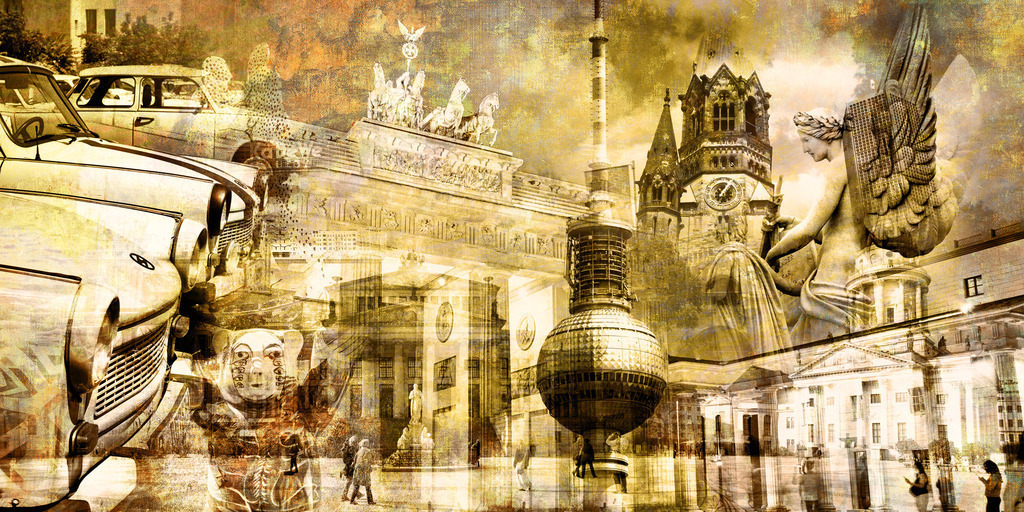 10230503 - Berlin Collage III - Farbvariante | Moderne Berlin Fotocollage im Popart-Stil mit warmen Sepia-Tönen. Dieses Motiv in einer anderen Farbe finden Sie unter der Nummer 12007700.