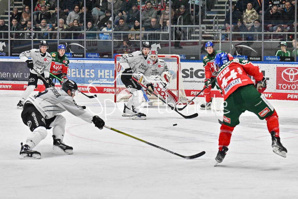 Augsburger Panther - Kölner Haie | Der Schuss von Nolan ZAJAC (Augsburger Panther #44) wird in letzter Sekunde von Veli-Matti VITTASMAEKI (Koelner Haie #47) geblockt / DEL: Augsburger Panther - Koelner Haie, Curt Frenzel Stadion am 02.03.2025